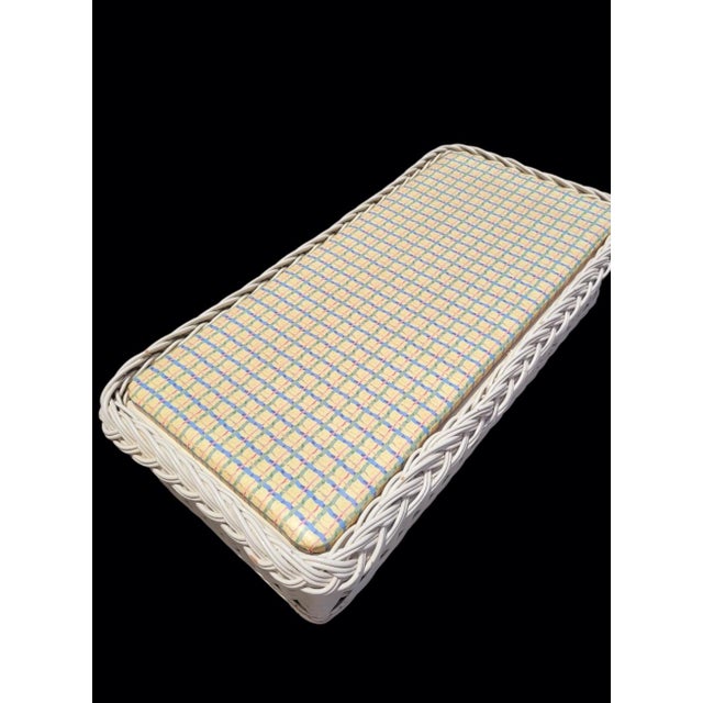 Off-white Vintage Huge Braided Off White Wicker Upholstered Yellow Blue Plaid Regency Bench For Sale - Image 8 of 10