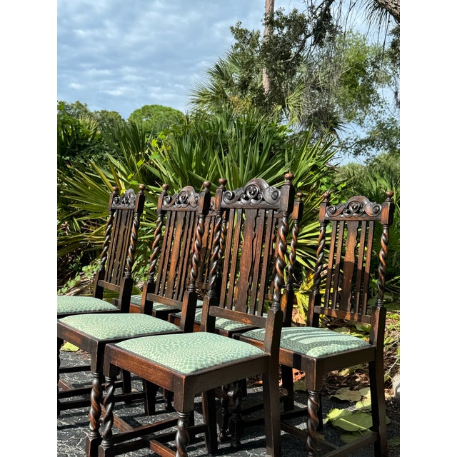 Antique Set of Six Barley Twist Dining Chairs With Teal Leopard Upholstery For Sale - Image 10 of 11