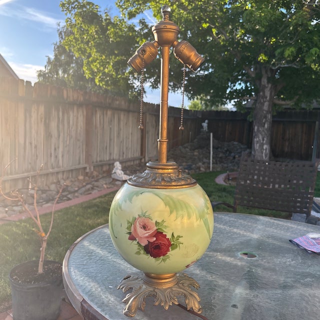Gone with the Wind style Lamp with Hand Painted Green Glass bottom with red and pink roses. This lamp would be gorgeous in...