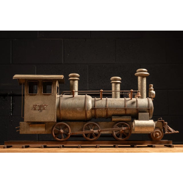 Early 20th Century Galvanized Steel Steam Locomotive Model on Track For Sale - Image 4 of 11