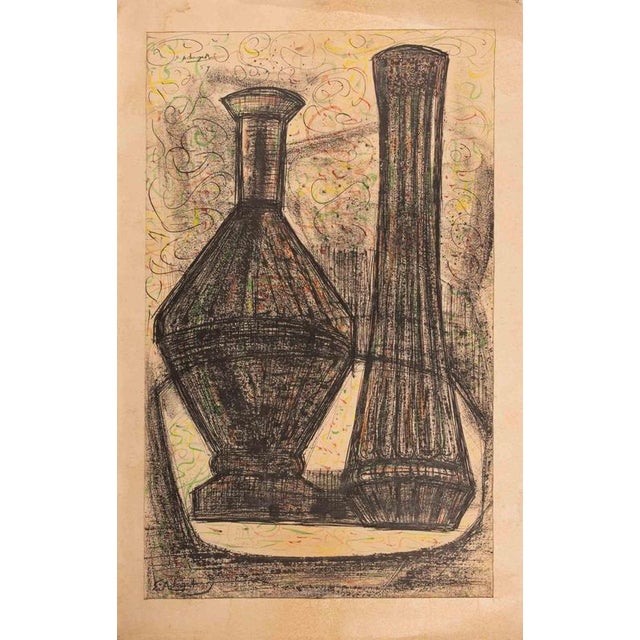Modern Georges Adingra, Still Life with Bottle and Vase, 1959, Ink, Pastel, & Watercolor on Paper For Sale - Image 3 of 3
