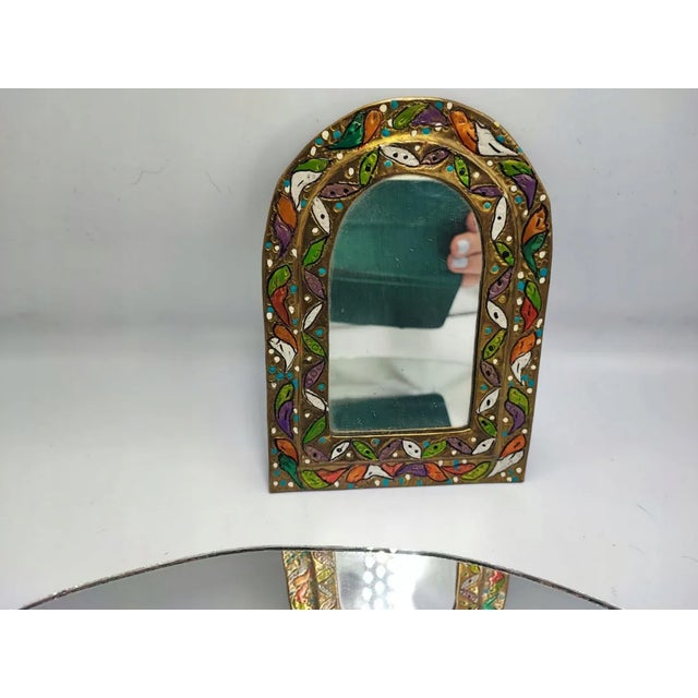 Art Deco Brass Mirror, dimensions: height 17.3 cm, width 12.5 cm, depth 3 cm, frame 3 cm.