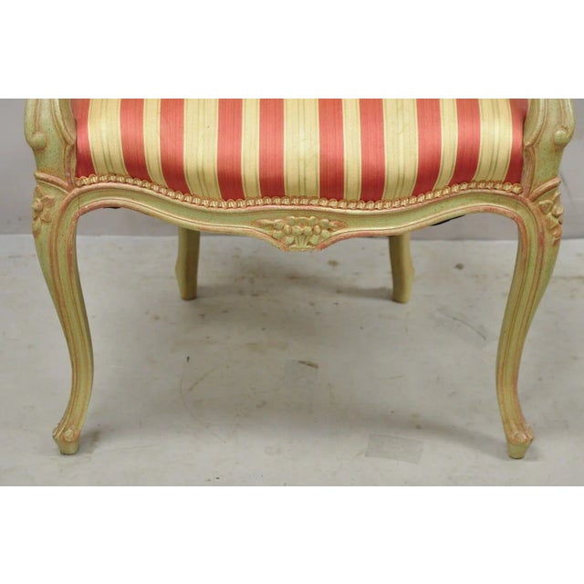 Early 20th Century Vtg French Louis XV Style Green & Pink Painted Arm Chair Fauteuil Striped Fabric For Sale - Image 5 of 13