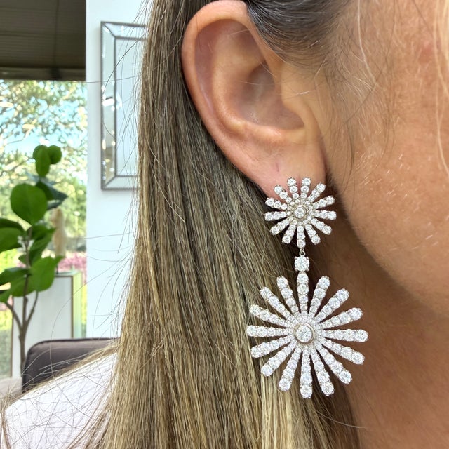 Silver 18k White Gold 13.00ctw Round Cut Diamond Sunburst Double Eschle Dangle Earrings, Pair For Sale - Image 8 of 8