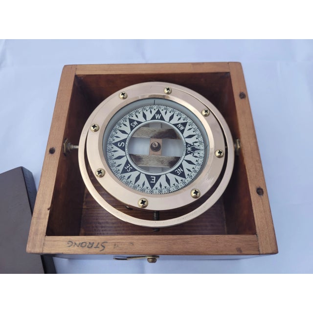 Brass Boat Compass in Varnished Wood Box For Sale - Image 10 of 11
