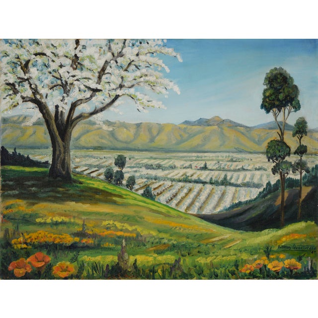 Mid Century Oil Landscape of Santa Clara Valley Before Silicon Valley 1947 Original oil painting depicting a landscape of...