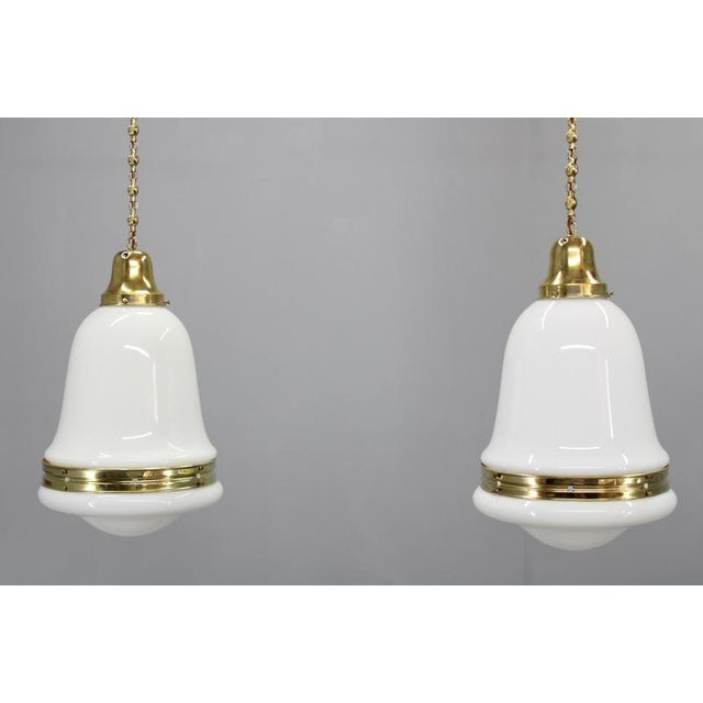 Luzette Pendant Lights in Opaline Glass and Brass by Peter Behrens for Aeg, 1930s, Set of 2 For Sale - Image 3 of 17