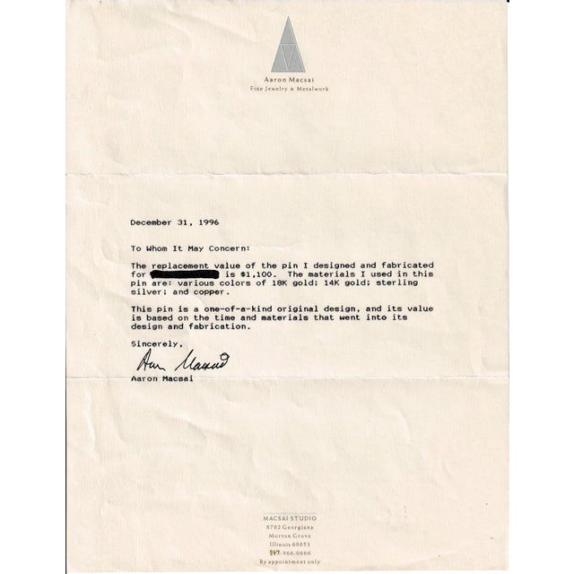 Modernist Aaron Macsai Gold, Silver, & Copper Pattern Metal Brooch / Pendant For Sale - Image 12 of 12