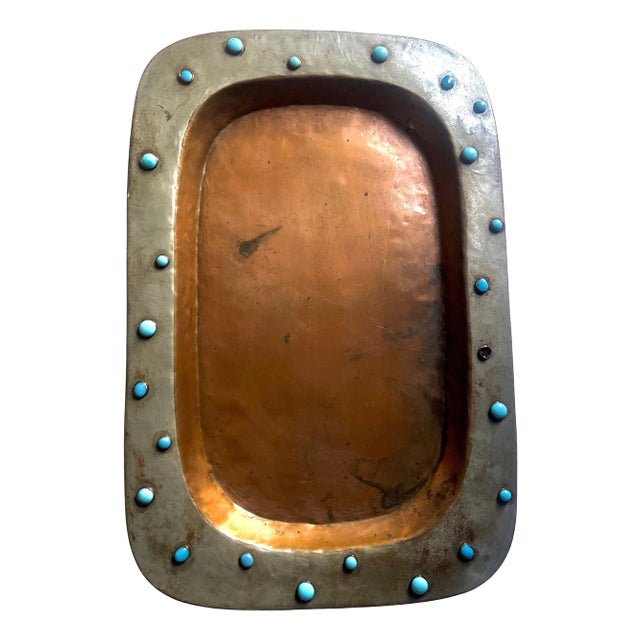 Rustic Mexican Tray in Copper and Metal with Blue Bead Details For Sale
