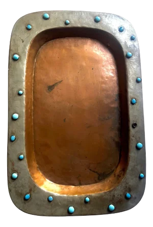 Rustic Mexican Tray in Copper and Metal with Blue Bead Details