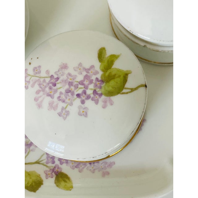 Shabby Chic Antique Limoges France Porcelain Ladies Vanity Set With Lilacs - 4 Piece Set For Sale - Image 3 of 9