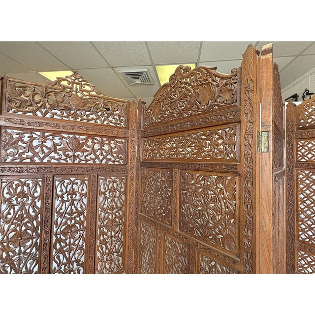 1960's Moroccan Style Pierced Wood 4-Panel Floor Screen- Each Panel Differs For Sale - Image 11 of 12