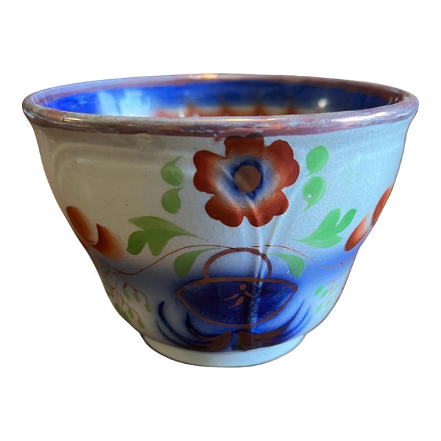 A Fine and Rare Antique Flow-Blue Gaudy Decorated Ironstone Waste Bowl, Staffordshire, England 1840's For Sale
