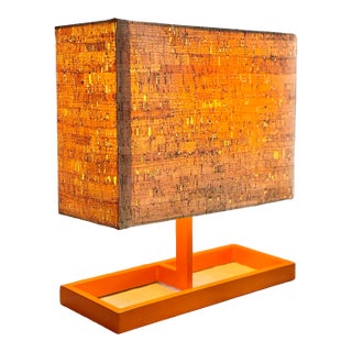 Vintage Italian Postmodern Style Orange Table Lamb With Rectangular Cork Lamp Shade in Style of Memphis Milano Modernist Design For Sale