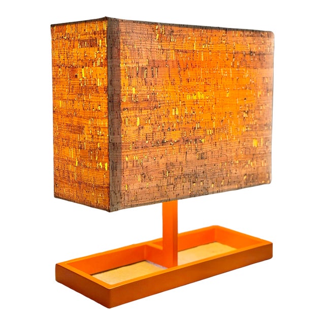 Vintage Italian Postmodern Style Orange Table Lamb With Rectangular Cork Lamp Shade in Style of Memphis Milano Modernist Design For Sale