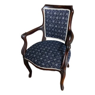 Antique Blue and White Batik Upholstered English Wood Accent Chair For Sale