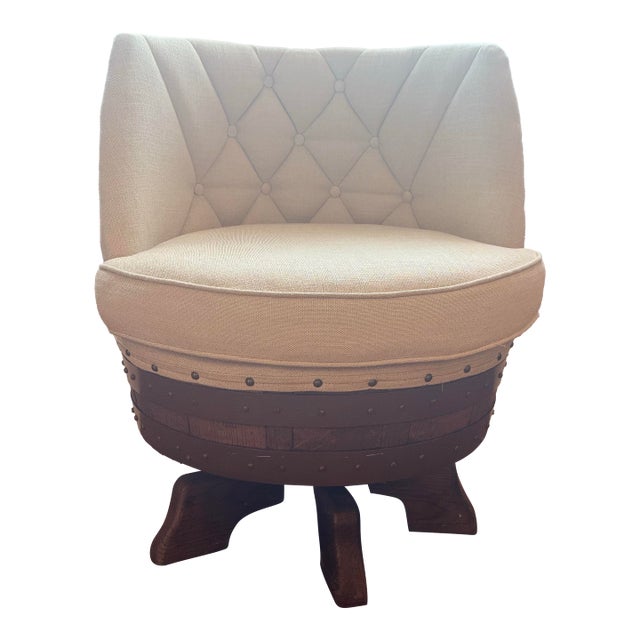 Rustic Swivel Barrel Accent Chair | Tufted Upholstery | Wine Barrel Style For Sale