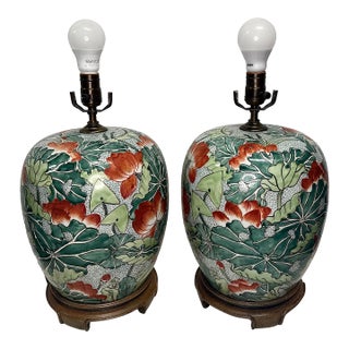 Mid 20th Century Hand Painted Chinese Ginger Jar Lamps W/Lotus Flowers - a Pair For Sale