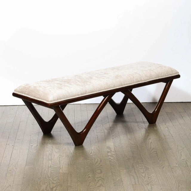 Itialian Mid Century Modern Sculptural Graphic Walnut & Taupe Velvet Bench For Sale In New York - Image 6 of 9