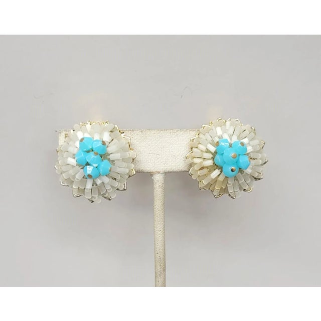 Mid-Century Modern Vintage 1960s Signed Vendome White & Turquoise Beaded Clip Earrings - 2 Pieces For Sale - Image 3 of 9
