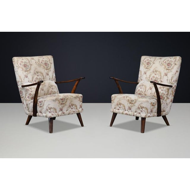 Italian Art Deco Walnut Chairs with Original Upholstery, 1940, Set of 2 For Sale - Image 3 of 15