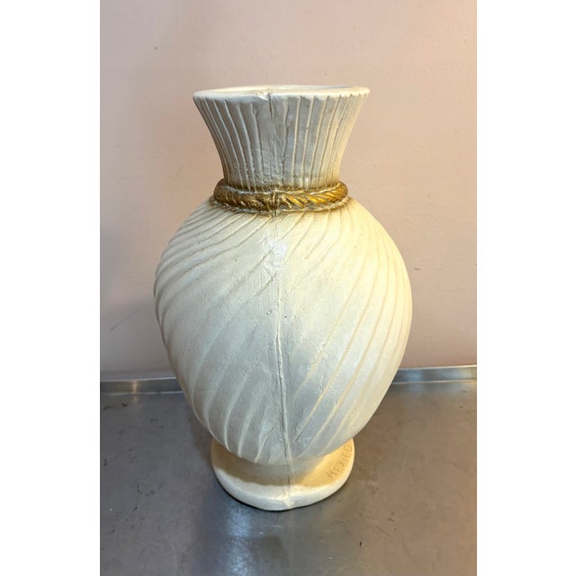Postmodern Cream/Gold Rope Trompe l'Oeil Large Plaster Vase For Sale - Image 3 of 5