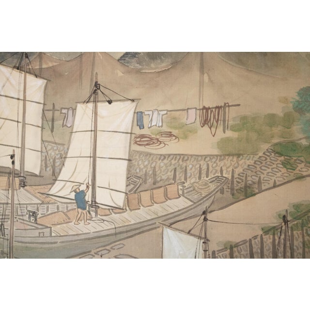 XXL "Fishing Village" by Yoshika, Taisho Japanese Silk Scroll Painting, in Original Wooden Case For Sale - Image 12 of 18