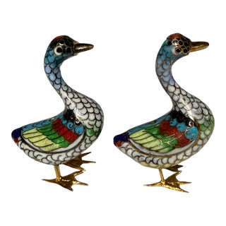 Vintage Hand-Wired Chinese Cloisonne Duck Pair Polychrome Enamel For Sale