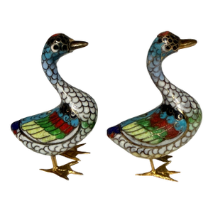 Vintage Hand-Wired Chinese Cloisonne Duck Pair Polychrome Enamel