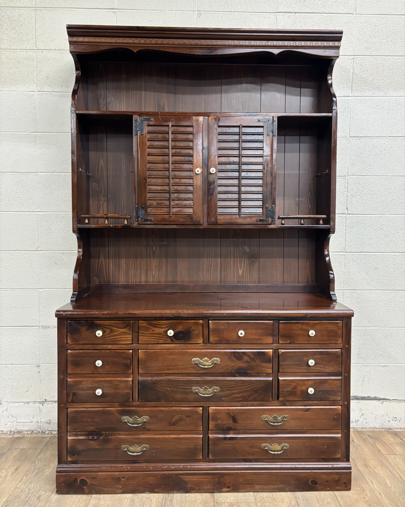 Vintage Ethan Allen Antiqued Pine Old Tavern CRP Dresser With Bookcase Hutch  | Chairish