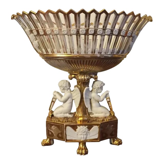 Antique Early 19th Century French Empire Porcelain Corbeille Centerpiece with Angel Supports For Sale