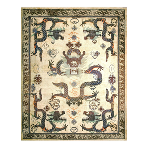Great Ivory and Lavender Blue Color With Dragons Design Antique Chinese Mongolian Rug