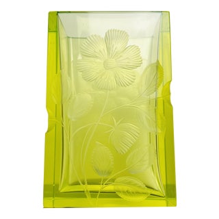Karlsbad Uranium Glass Vase with Hand-Engraved Floral Décor by Moser, Czechoslovakia, 1920s For Sale