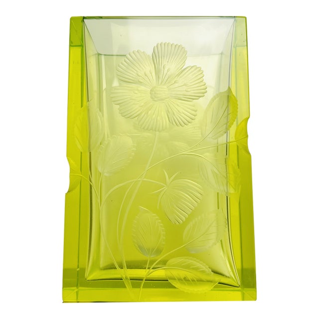 Karlsbad Uranium Glass Vase with Hand-Engraved Floral Décor by Moser, Czechoslovakia, 1920s For Sale