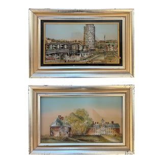 Late 20th Century Set of 2 Reverse Painting on Glass William and Marry and University of New York, Framed For Sale