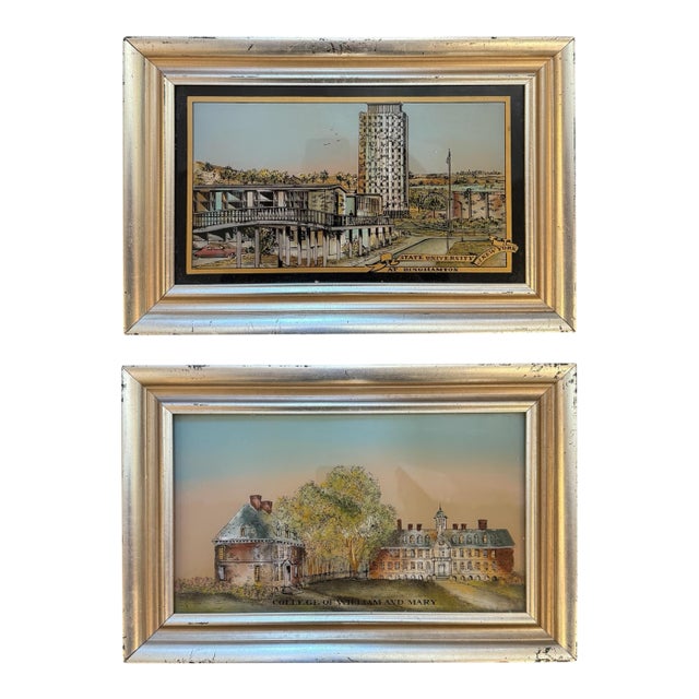 Late 20th Century Set of 2 Reverse Painting on Glass William and Marry and University of New York, Framed For Sale
