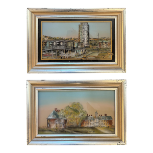 Late 20th Century Set of 2 Reverse Painting on Glass William and Marry and University of New York, Framed