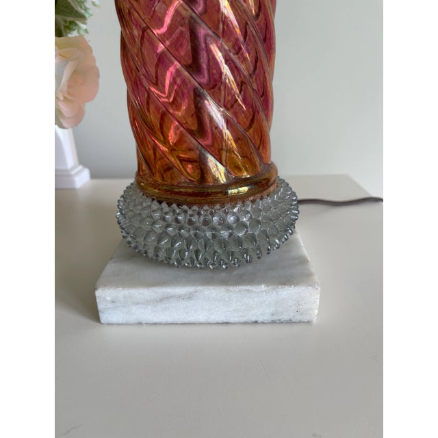 Vintage Pink Iridescent Spiral Column and Clear Hobnail Glass Table Lamp With Marble Base For Sale - Image 9 of 13
