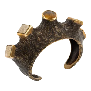Artist Brutalist Bronze Cuff Bracelet With Travertine and Amber Cabochons