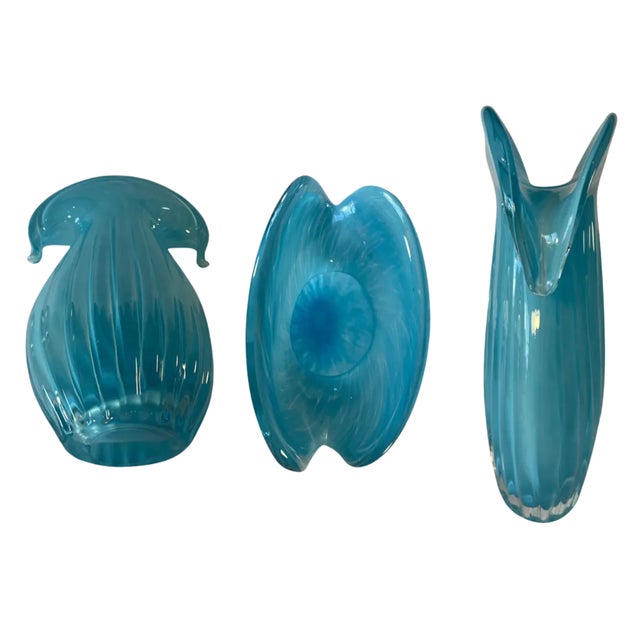 Art Glass Aqua Blue Vase Crescent Clam Lip Fluted Vase For Sale - Image 16 of 17