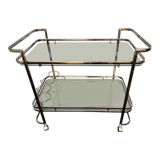 Rose Brass Smoked Glass and Mirror Bar Cart For Sale