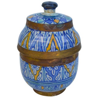 1920s Moorish Ceramic Lidded Bowl With Brass For Sale
