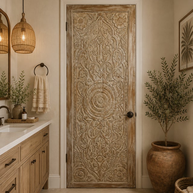 Brown Carved Lotus Motif Solid Wood Sliding Barn Door, Double-Sided 96x36 For Sale - Image 8 of 8