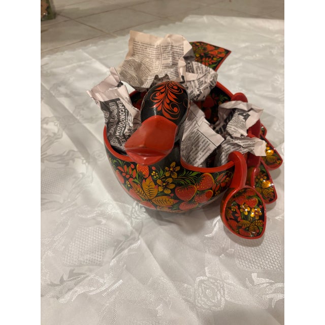 Vintage Russian Khokhloma Hand-Painted Wooden Duck Punch Bowl With 8 Spoons. For Sale - Image 4 of 7