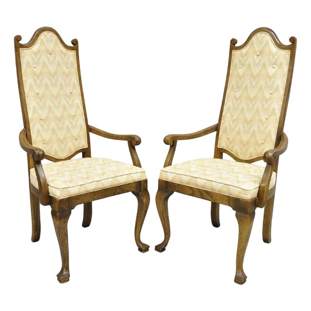 Late 20th Century Vintage Italian Provincial Hollywood Regency Oak Wood Dining Arm Chairs - A Pair For Sale