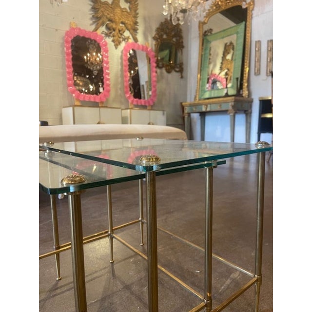 Traditional Set of Vintage French Brass Nesting Tables With Glass Tops For Sale - Image 3 of 6