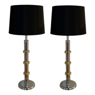 1970s Pair of Chrome and Brass Table Lamps With Black Shades For Sale