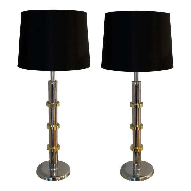1970s Pair of Chrome and Brass Table Lamps With Black Shades For Sale