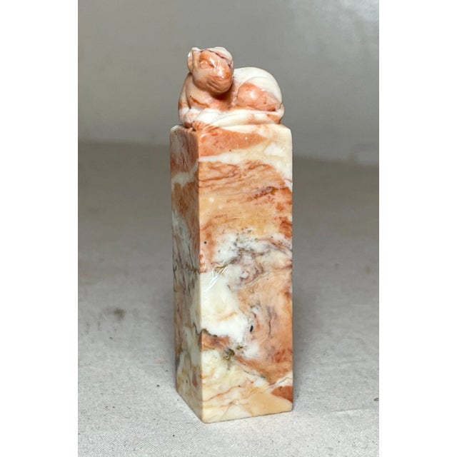 This lovely antique hand-carved Chinese hard stone chop seal features a stunning depiction of a rat. Crafted from high-...