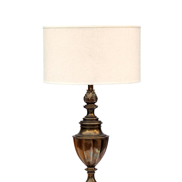 Mid 20th Century Midcentury Neoclassical Solid Brass Stiffel Lamp With Rh Linen Barrell Shade For Sale - Image 5 of 7